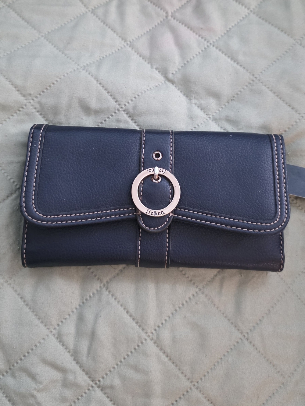 NWT- liz & co. Navy Leather Trifold Wallet with Ring Accent